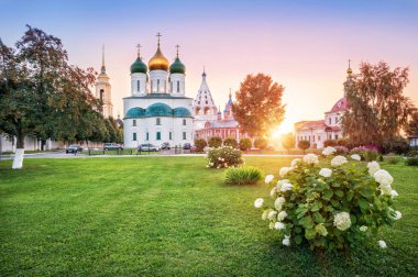 Kolomna Kremlin 'in Varsayım Katedrali, Tikhvin Kilisesi ve güneşli bir yaz akşamında çiçek çayırı manzarası