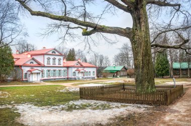 Abramtsevo 'daki ana malikane ve bulutlu bir bahar gününde çitin arkasında eski bir meşe ağacı.