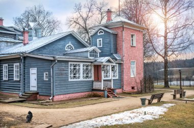 Güneşli bir bahar gününde Muranovo 'daki Main House' da iki kedi.