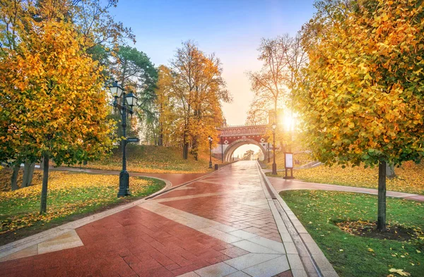 在一个阳光明媚的清晨 莫斯科的沙里奇诺桥和公园里的金秋树木映入眼帘 — 图库照片