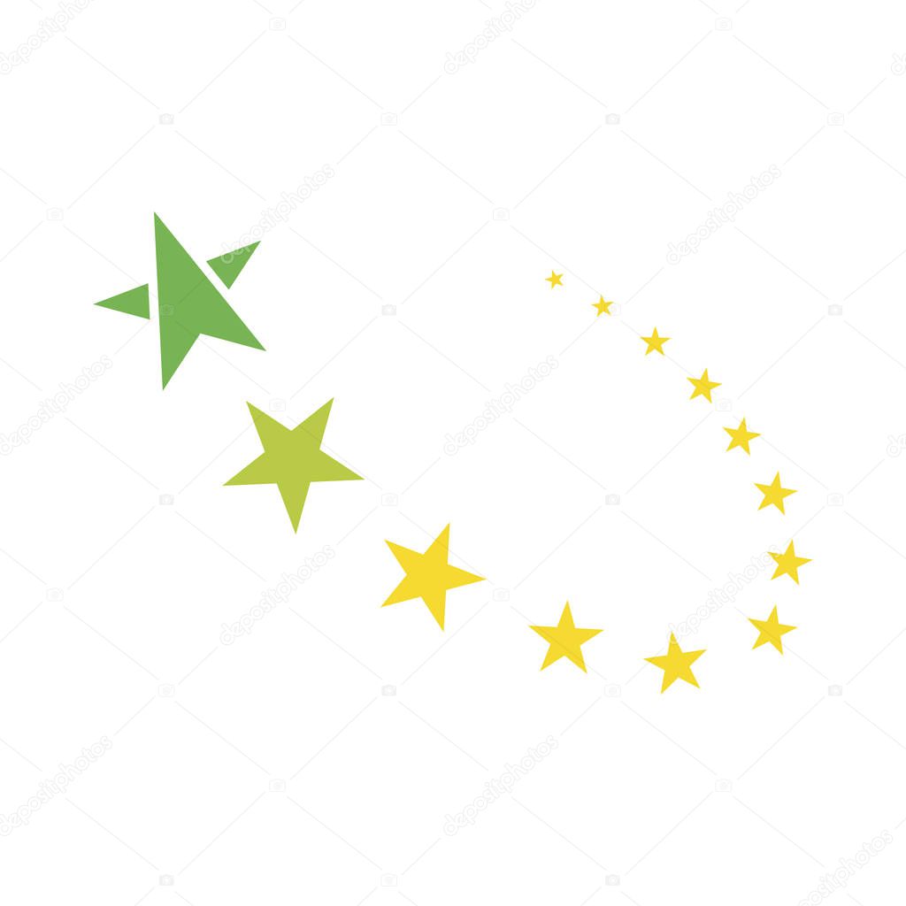 Yellow stars flying one after another on a white background