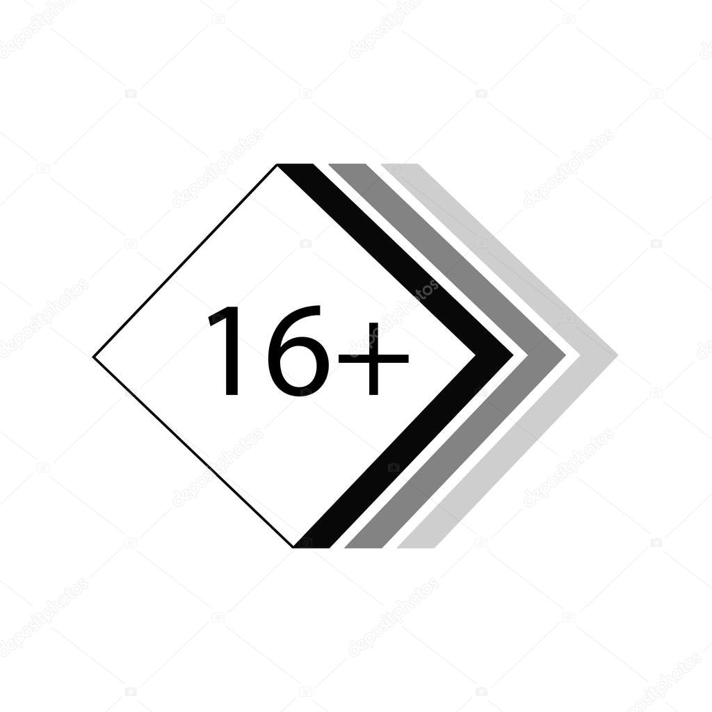 Sixteen plus icon in flat style. 16 plus vector illustration on white isolated background. Censored business concept.
