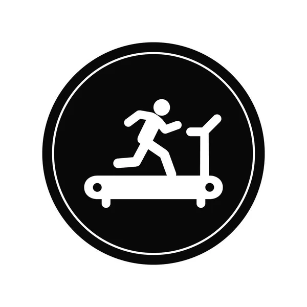 Vektorový muž běží na běžícím pásu. Silueta muže běžícího na moderním běžeckém pásu s polotónovanou pohybovou stezkou. — Stockový vektor