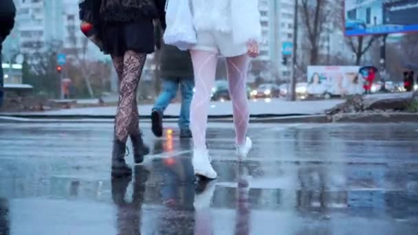 两个年轻的奇怪的女孩在潮湿中 黑人和白人 女性腿 自信的步态 在雨中穿过街道 — 图库视频影像