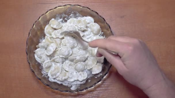 Κάτοψη Πιάτο Ζυμαρικά Κοντινό Πλάνο Ανακατεύουμε Ένα Πιρούνι Dumplings — Αρχείο Βίντεο