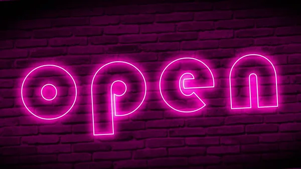 Neon Znak Open Ścianie Cegły — Zdjęcie stockowe