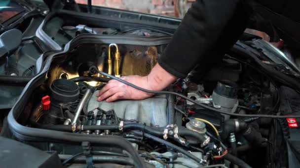 Reparando Motor Del Coche Una Estación Servicio Reparador Inspecciona Motor — Vídeos de Stock