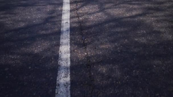 アスファルトの道路上の白い境界線 道路は緑豊かな植生を通っている 車や自転車で歩く国 — ストック動画