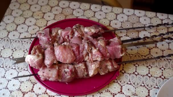Fleischstücke Spieß Aufgereiht Und Zum Braten Über Offenem Feuer Gekocht — Stockvideo