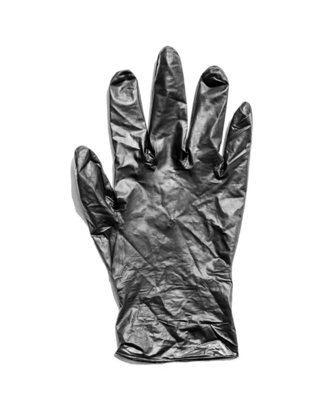 Νέα μαύρο τσαλακωμένο γάντι καουτσούκ ξεδιπλώνεται για χάμπουργκερ που απομονώνονται σε λευκό. Νέα γάντια μιας χρήσης από καουτσούκ — Φωτογραφία Αρχείου