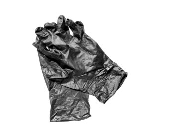 Beyaz arka planda izole edilmiş bir çift lastik koruyucu siyah eldiven. Yeni tek kullanımlık lastik eldivenler