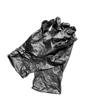 Beyaz arka planda izole edilmiş bir çift lastik koruyucu siyah eldiven. Yeni tek kullanımlık lastik eldivenler