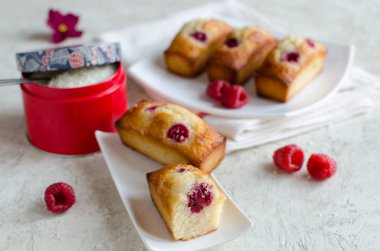 Finansal kek, ahududu ve beyaz tabakta hindistan cevizi gevreği.