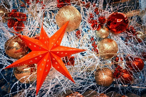 Christmas star and balls decorations — Stock Photo, Image