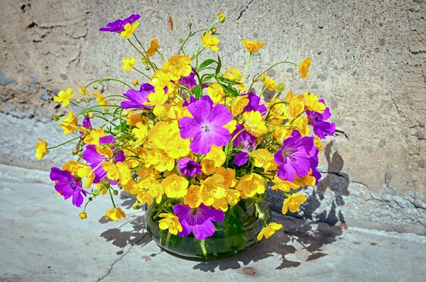 Natureza morta com flores silvestres amarelas e violetas — Fotografia de Stock