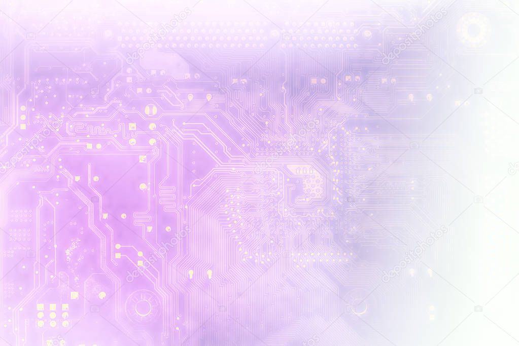 technology concept background silhouette of a computer motherboard with light blue and violet colors, faded into white. suitable as a background for your business presentation