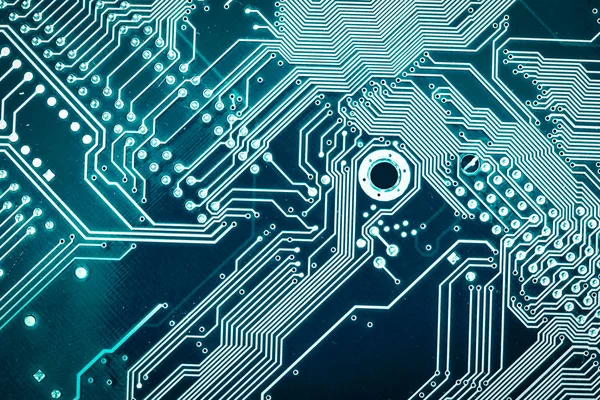 Motherboard digital chip. Tech science background. Circuit board silhouette close up top view.