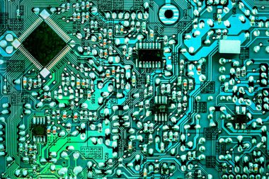 Turkuaz bilgisayar devre kartı, üstten görünüm
