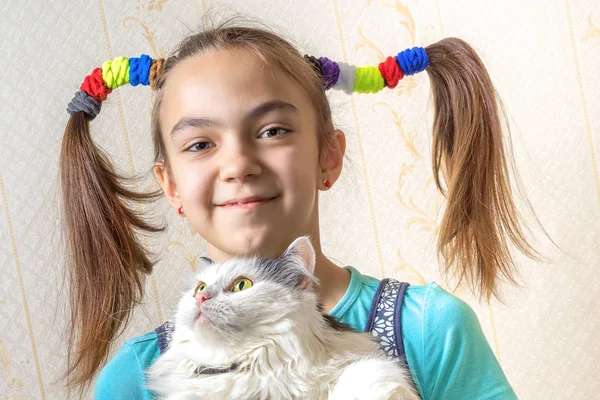 Retrato de uma menina de 11 anos com dois rabos de cavalo engraçados de elásticos de cabelo segurando o gato em seus braços, vista de perto — Fotografia de Stock