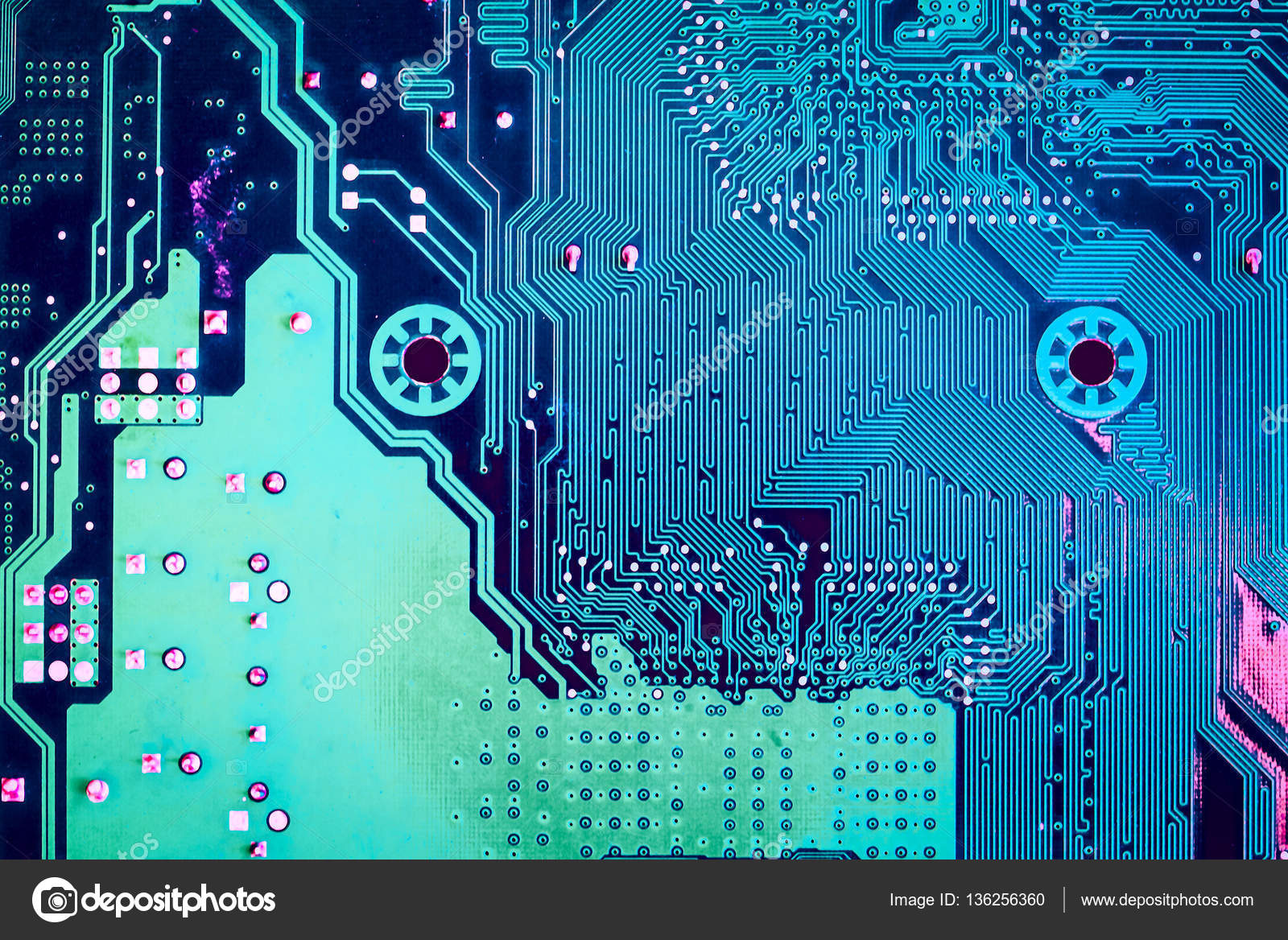Printed circuit board, toned into blue and green colors. ⬇ Stock Photo