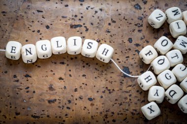 bir iş parçacığı bir kahverengi mantar arka planda, alfabe küpleri, kopya alanı yığını üzerinde sinirli bir tahta küpleri İngilizce sözcük