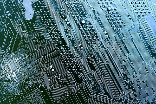 Circuit board. Electronic computer hardware technology. Motherboard digital chip. Tech science background. Integrated communication processor. Information engineering component. Blue color.