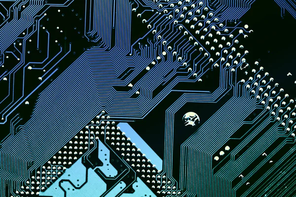 Circuit board. Tech science background in dark blue colors.