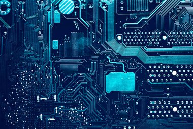 Devre kartı. Elektronik bilgisayar donanım teknolojisi. Anakart dijital çip. Teknoloji bilimi geçmişi. Entegre iletişim işlemcisi. Bilgi mühendisliği bileşeni. Mavi renk.