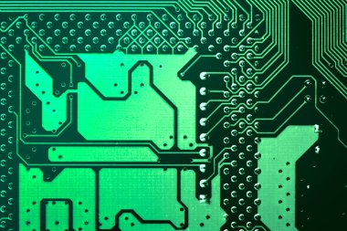 Devre kartı. Elektronik bilgisayar donanım teknolojisi. Anakart dijital çip. Teknik bilim arka plan. Tümleşik iletişim işlemci. Bilgi mühendislik bileşeni. Yeşil renk.