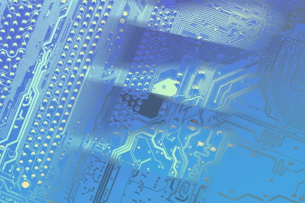 Placa de circuito. Tecnología electrónica de hardware informático. Chip digital de la placa base. Experiencia en ciencias tecnológicas. Información de fondo componente de ingeniería con transiciones de color . —  Fotos de Stock