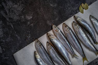 koyu siyah çimento arka plan üzerinde kopya alanı ile bir kağıt çapraz kompozisyon üzerinde balıklar yem gibi ham küçük çaça