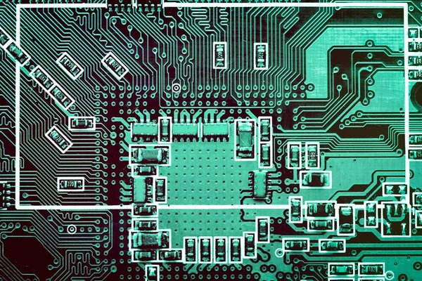 Circuit. Technologie du matériel informatique électronique. Carte mère puce numérique. Technique de base. Processeur de communication intégré. Composante ingénierie de l'information. — Photo