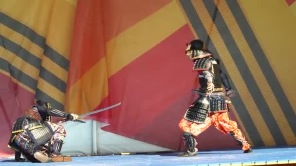 Moscow, Russia - May 14, 2017: two samurai in traditonal japanese armor fight during the festival of martial arts `One in the field warrior`. — Wideo stockowe