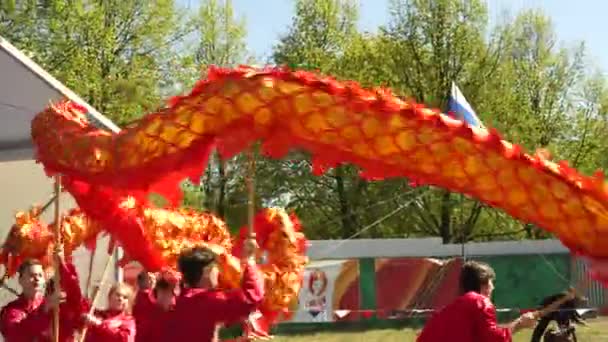 Moscow, Russia - May 14, 2017: Dragon and lion dance show during the festival of martial arts One in the field warrior. — Stock Video