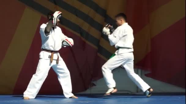 Москва, Россия - 14 мая 2017 года: на фестивале боевых искусств "Один в поле - воин" два спортсмена боксируют в щиты . — стоковое видео