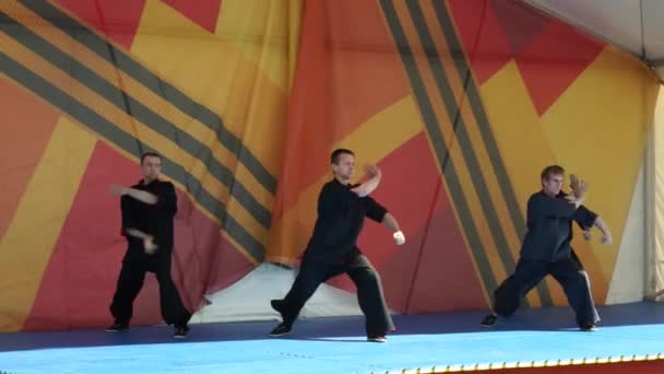 Moscow, Russia - May 14, 2017: group of three wushu sportsmen perform together during on the festival of martial arts `One in the field is warrior`. — Stok Video