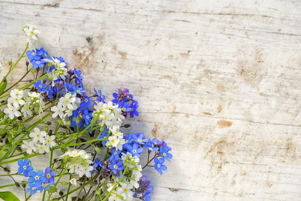 Forget-me-not Bloemenlijst op een oude houten achtergrond met kopie ruimte — Stockfoto