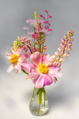 still life bouquet of tree-like peony and lupine flowers clipart