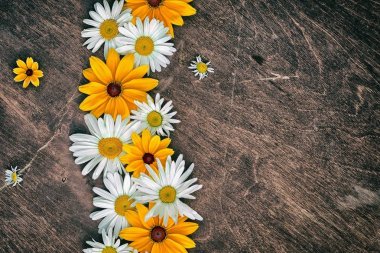 Üstten Görünüm metniniz için kopya alanı ile ahşap bir masaya papatya ve rudbeckia çiçek