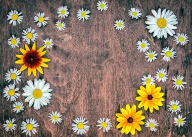 Papatya ve rudbeckia çiçekler gibi bir yuvarlak çerçeve ahşap bir masa üzerinde metniniz için kopya alanı ile Üstten Görünüm