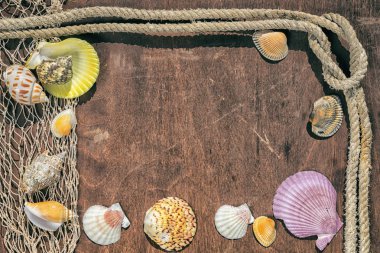 eski ip kopya alanı ile koyu ahşap bir masa üzerinde net ve deniz kabukları Balıkçılık Deniz düğüm ile çerçevesinden