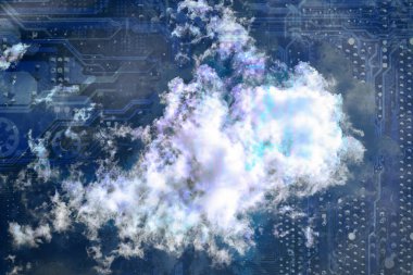 Bulut bilgi işlem kavramı. Arka plan bulut mavi gökyüzü üzerinde ana kartında silüeti.