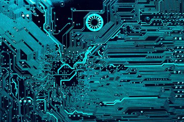 Koyu arka plan bilgisayar ana şirketin bu site tasarımı için silueti. Devre kartı. Elektronik bilgisayar donanım teknolojisi. Anakart dijital çip.