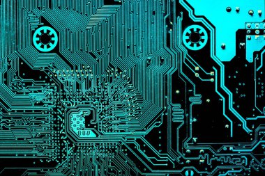 Koyu arka plan bilgisayar ana şirketin bu site tasarımı için silueti. Devre kartı. Elektronik bilgisayar donanım teknolojisi. Anakart dijital çip.