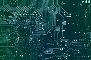 Koyu arka plan bilgisayar ana şirketin bu site tasarımı için silueti. Devre kartı. Elektronik bilgisayar donanım teknolojisi. Anakart dijital çip.