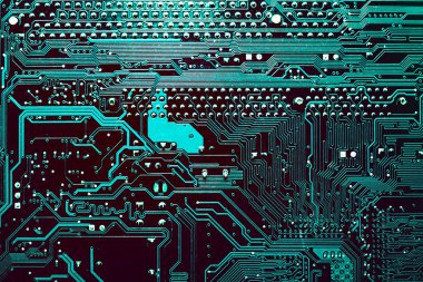 Koyu arka plan bilgisayar ana şirketin bu site tasarımı için silueti. Devre kartı. Elektronik bilgisayar donanım teknolojisi. Anakart dijital çip.