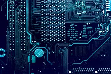 Koyu arka plan bilgisayar ana şirketin bu site tasarımı için silueti. Devre kartı. Elektronik bilgisayar donanım teknolojisi. Anakart dijital çip.
