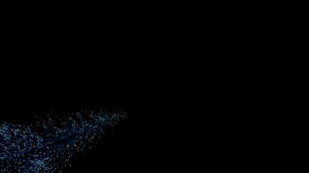 Motie van de blauwe deeltjes langs de diagonaal met een lus in het Midden pad exploderende, geïsoleerd op zwart, donkere achtergrond. — Stockvideo