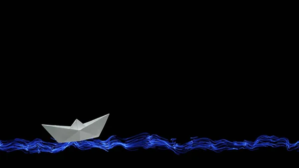 One white origami paper boat sails on the painted sea and waves on a black background at the bottom of the screen, with copy space for your inscription above. — Stock Photo, Image