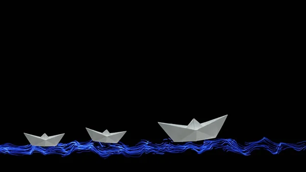 Three white origami paper boats sail on the painted sea and waves on a black background at the bottom of the screen, with copy space for your inscription above. Leadership concept. — Stock Photo, Image